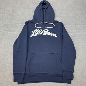 L.L. Bean Hoodie Mens Small Blue Fleece Pullover Sweatshirt Front Chenille Logo